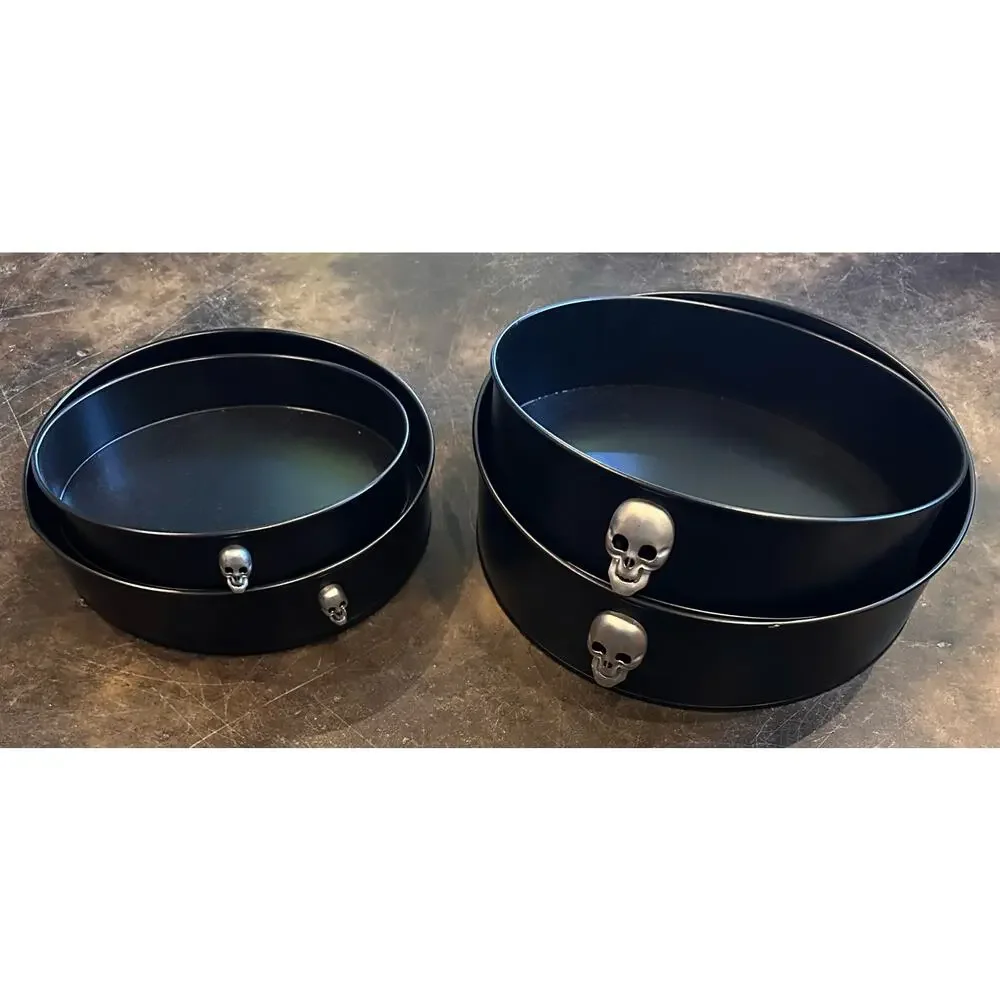 New Set Of 4 Round Halloween Skull Serving Trays 4 sizes : 9” 10” 11” 12” Black